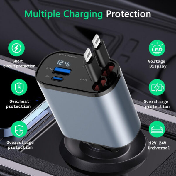 4 in 1 Retractable Car Charger,66W Fast Car Phone Charger with Dual iPhone Retractable Cables Dual USB Ports,Voltage Display Car Charger Compatible with iPhone 14/13/12/11 Pro Max/XS MAX,iPad