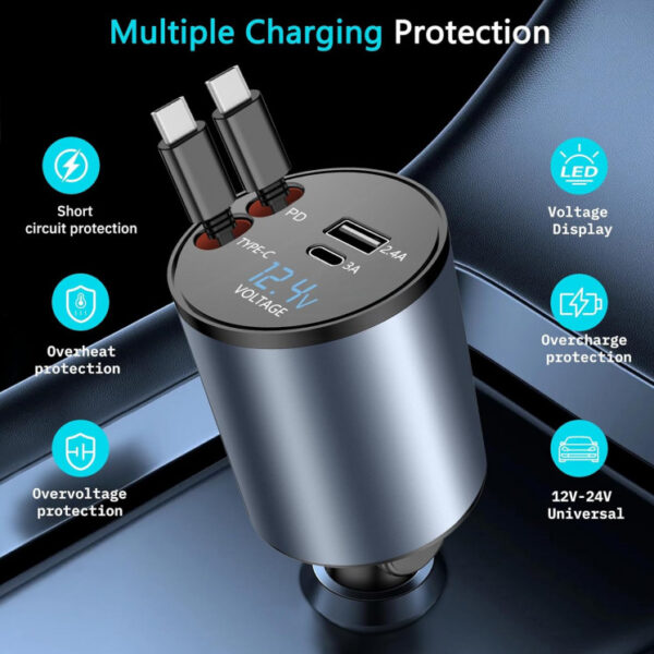 4 in 1 USB Type C Retractable Car Charger