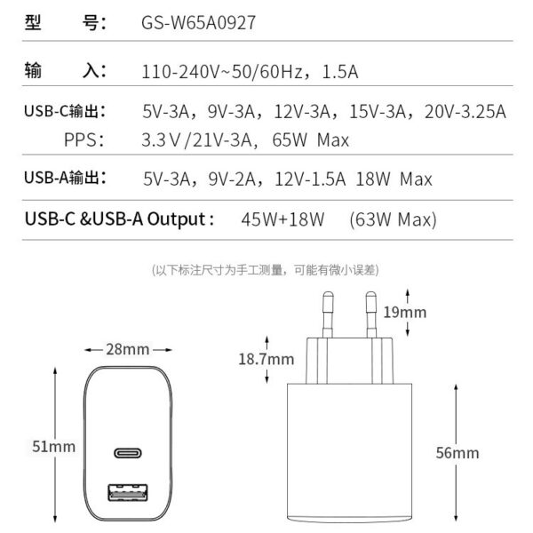 GaN 65W EU European USB Charger