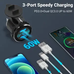 QC3.0+QC3.0+USB C Outlet Power Car Charger 12V/24V with Power Switch for Car Golf Cart Boat Marine Bus Truck RV Marine Motorcycle