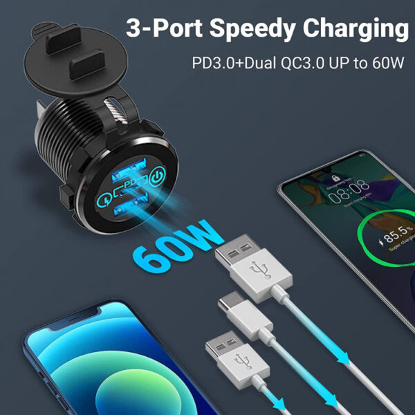 QC3.0+QC3.0+USB C Outlet Power Car Charger 12V/24V with Power Switch for Car Golf Cart Boat Marine Bus Truck RV Marine Motorcycle